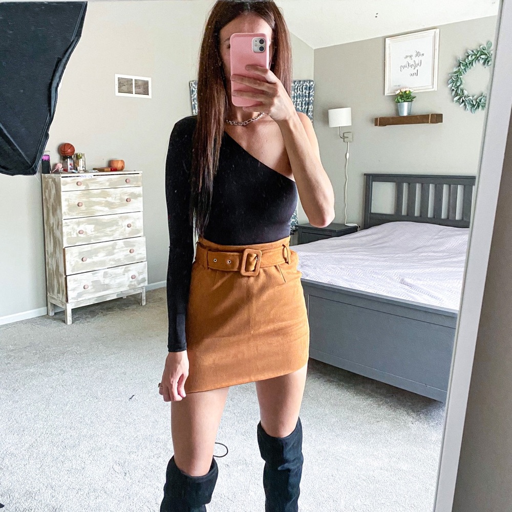Tan Faux Suede Belted Mini Skirt